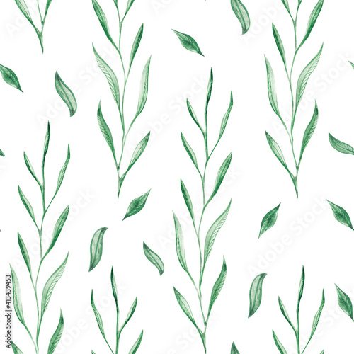 Watercolor painted plant leaves. Seamless pattern on a white isolated background. Textile