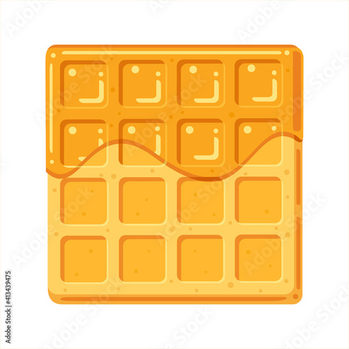 Belgian waffle with honey isolated on white background. Flat vector illustration.