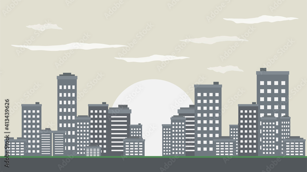 city scape daytime or city skyline or city horizon day time flat style. city scape with sky scraper building grey color  landscape vector illustration. 