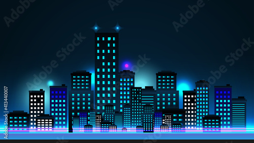 cityscape panoramic night time or city skyline or city horizon night flat style. city scape with sky scraper building blue light color  landscape vector illustration. 