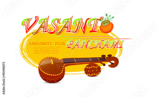 Illustration of Happy Vasant Panchami with sitar background.