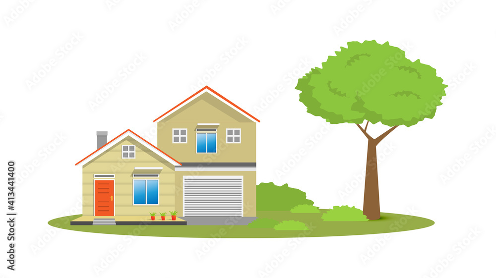 Modern simple suburban house exterior set in flat style design, set of colorful house exterior with trees decoration, vector illustration isolated on white. 