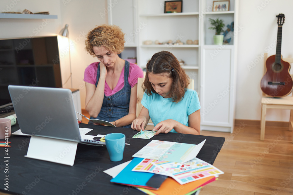 Child home studying education, homeschooling, with private tutor / mother in the time of viruses, flu and seasonal pandemic. Child home studying education, homeschooling, with private tutor / mother in the time of viruses, flu and seasonal pandemic.