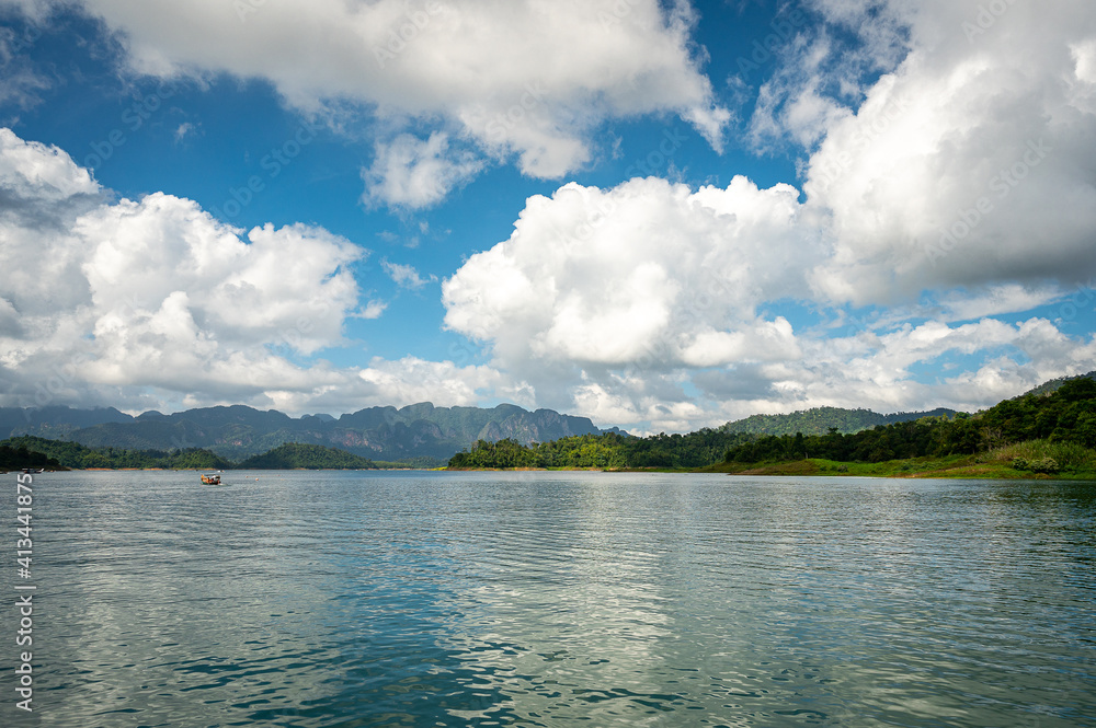Landscape of lake with cleared blue sky and clouds 