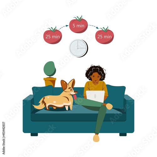 Woman working with laptop using time management. Pomodoro technique concept, setting goals and reward yourself for work, productivity strategy management, Vector illustration outline design. photo