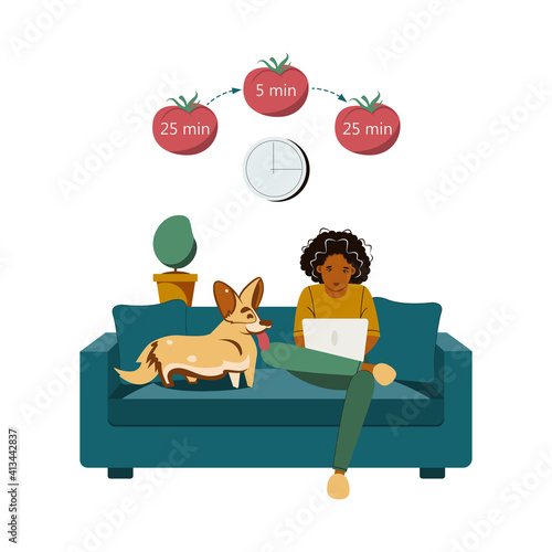 Woman working with laptop using time management. Pomodoro technique concept, setting goals and reward yourself for work, productivity strategy management, Vector illustration outline design.