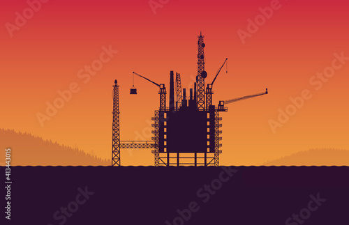 silhouette Oil rig platform station site in sea on orange gradient background