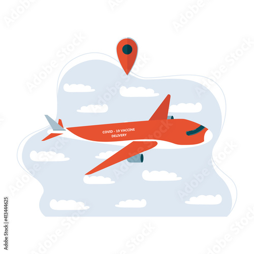 Vector illustration of plane delivering covid-19 vaccine to vaccination centers. Global distribution of medical drug to hospitals worldwide. Fast rapid delivery and shipping.