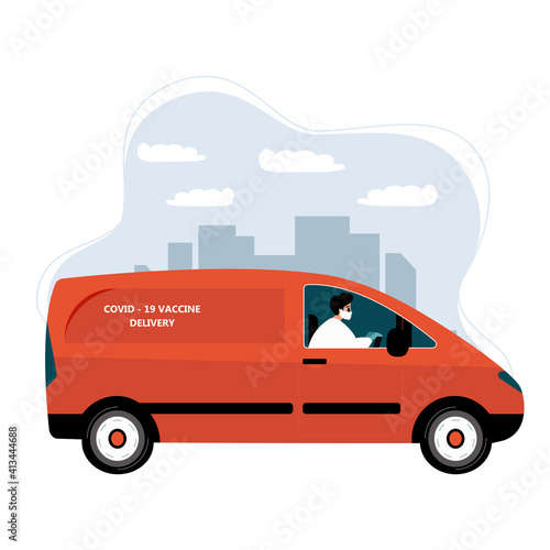 Vector illustration of truck delivering covid-19 vaccine to vaccination centers. Global distribution of medical drug to hospitals worldwide. Fast rapid delivery and shipping.