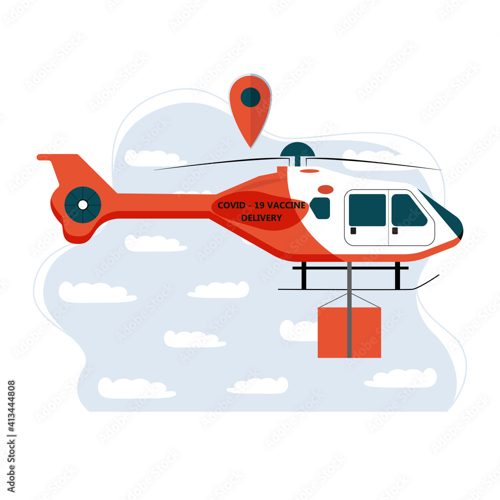 Vector illustration of Helicopter delivering covid-19 vaccine to vaccination centers. Global distribution of medical drug to hospitals worldwide. Fast rapid delivery and shipping.

