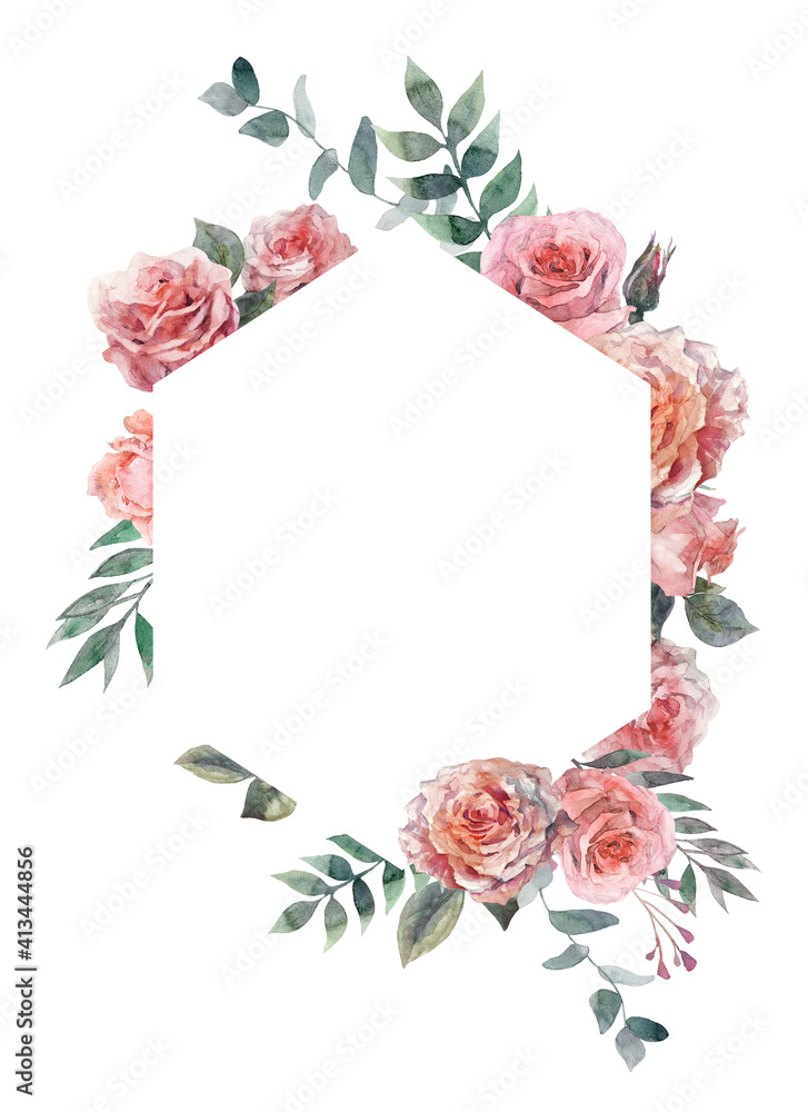 Flower frame with pink rose, green leaves. Watercolor floral clipart. Wedding concept with flowers