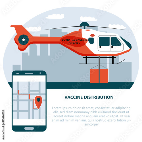 Vector illustration of Helicopter delivering covid-19 vaccine to vaccination centers. Global distribution of medical drug to hospitals worldwide. Fast rapid delivery and shipping.

