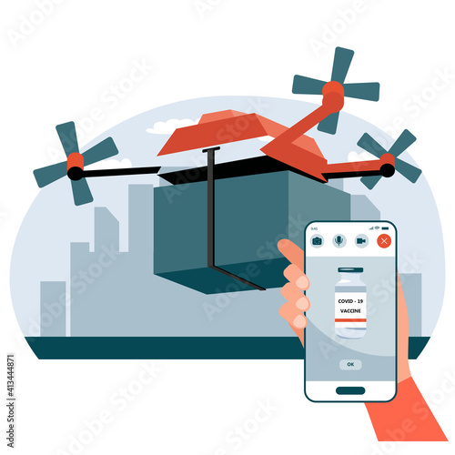 Vector illustration of DRONE delivering covid-19 vaccine to vaccination centers. Global distribution of medical drug to hospitals worldwide. Express Delivery Air Service.

