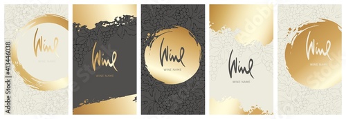 Collection labels for wine. Vector illustration, set of backgrounds with grapes and gold strokes.	