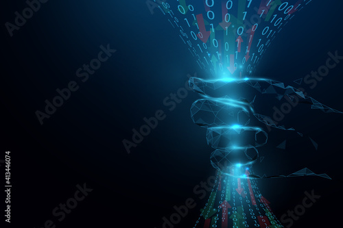 Cybersecurity and information or network protection. Hand holding in and out information. Abstract data server internet technology. Vector illustration