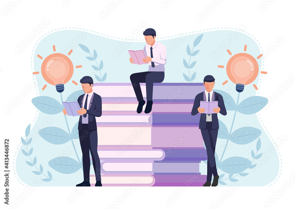 Group of Businessman Reading around Pile of Books Group of Businessman Reading around Pile of Books