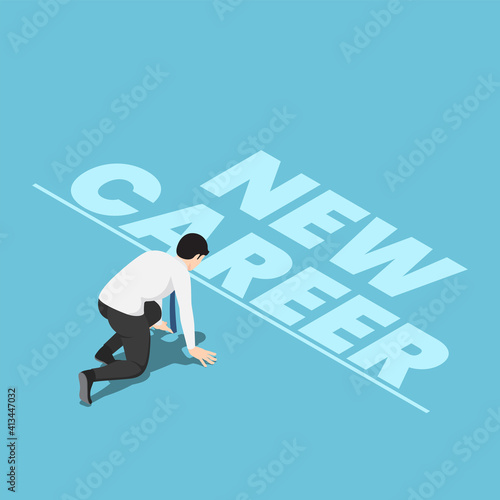 Isometric Businessman in Starting Position and Ready to Start New Career