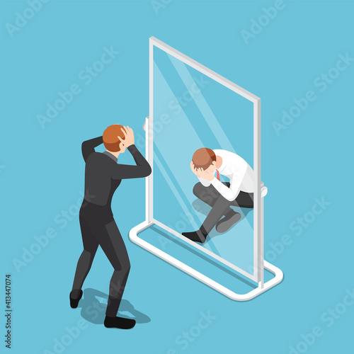 Isometric Businessman See Himself Failure in The Mirror