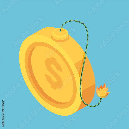Isometric Golden Dollar Coin with Burning Fuse