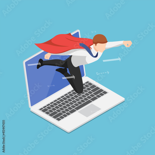 Isometric Super Businessman Flying Out From laptop Screen