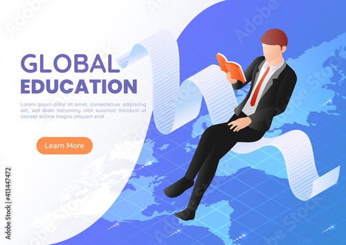 Isometric Web Banner Businessman Sitting Reading Book Over The World Map