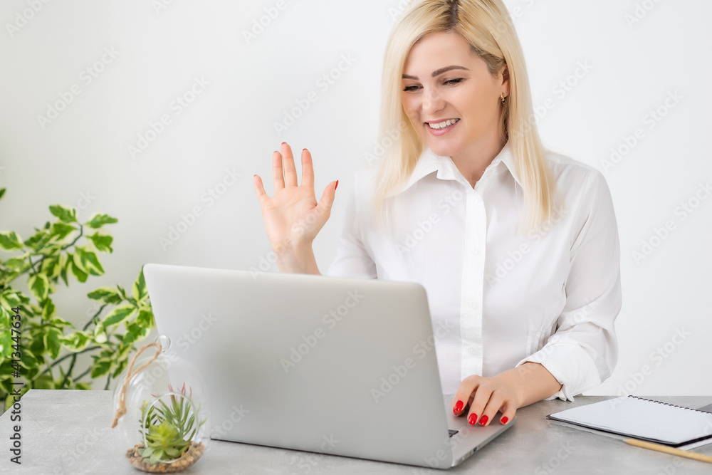 business woman talking to her colleagues about plan in video conference. business team using laptop for a online meeting in video call. Group of people smart working from home business woman talking to her colleagues about plan in video conference. business team using laptop for a online meeting in video call. Group of people smart working from home