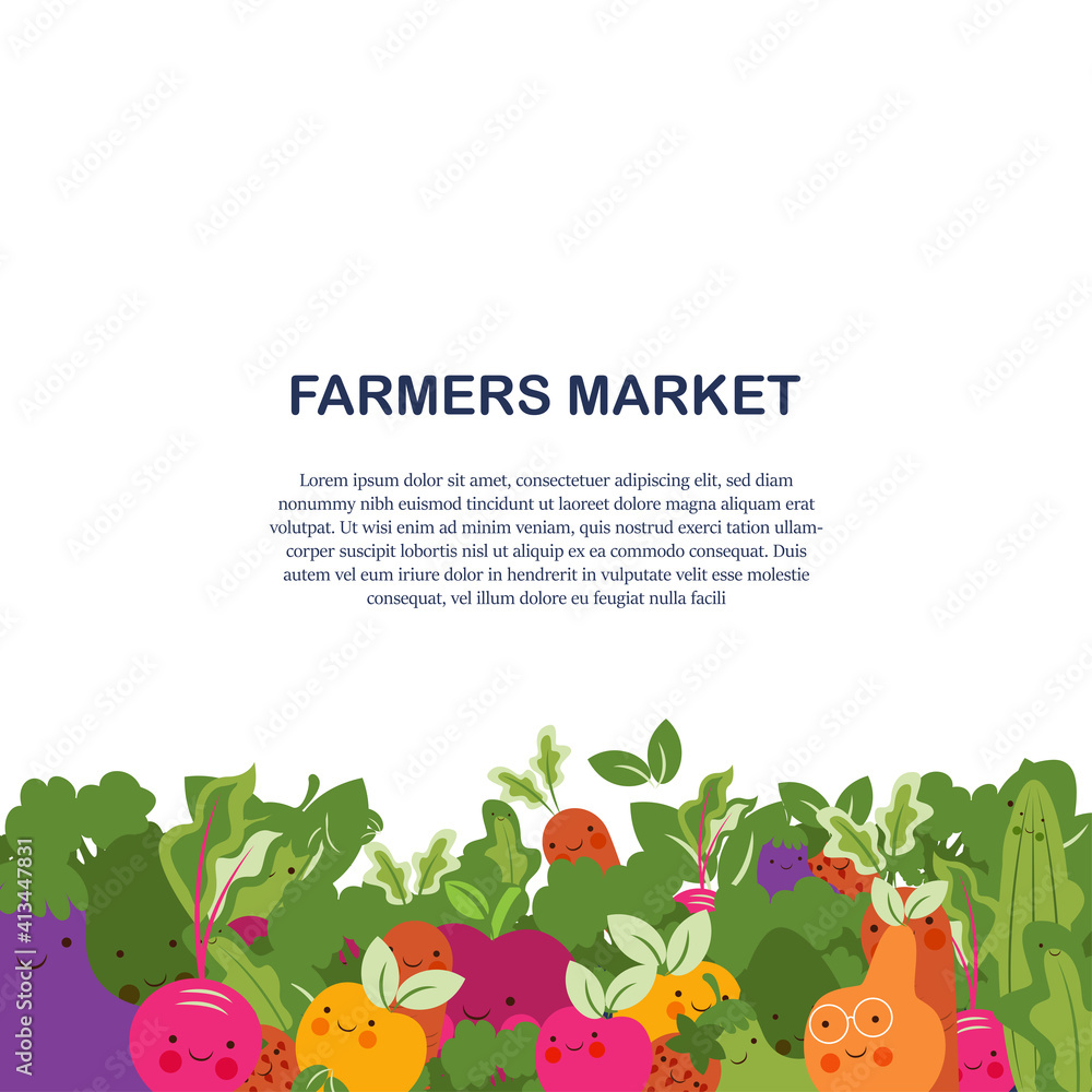 farmer market poster with fruits and vegetables. Vector design template of fresh veggies and natural farm organic radish or cauliflower and broccoli cabbage, zucchini squash or cucumber and carrot farmer market poster with fruits and vegetables. Vector design template of fresh veggies and natural farm organic radish or cauliflower and broccoli cabbage, zucchini squash or cucumber and carrot