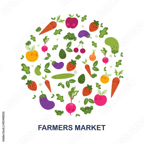 farmer market poster with fruits and vegetables. Vector design template of fresh veggies and natural farm organic radish or cauliflower and broccoli cabbage, zucchini squash or cucumber and carrot 
