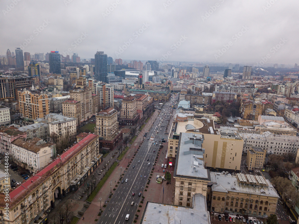 Center of Kiev. Aerial drone view. Winter cloudy morning. Center of Kiev. Aerial drone view. Winter cloudy morning.