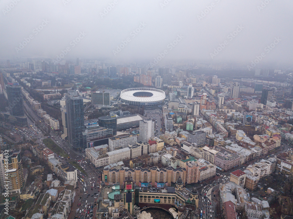 Fototapeta premium Center of Kiev. Aerial drone view. Winter cloudy morning.
