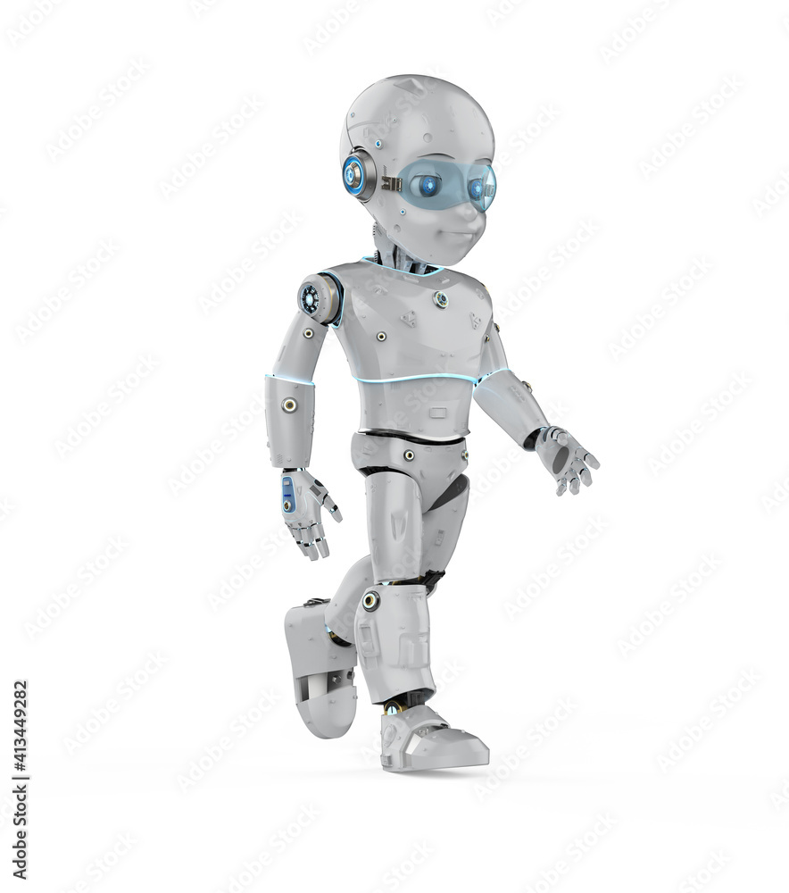 Cute robot with cartoon character walk Cute robot with cartoon character walk
