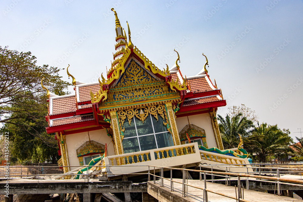 Buddhist temple Wat Khao Saphan Park fall down inside a concrete construction in water tank, Thailand.