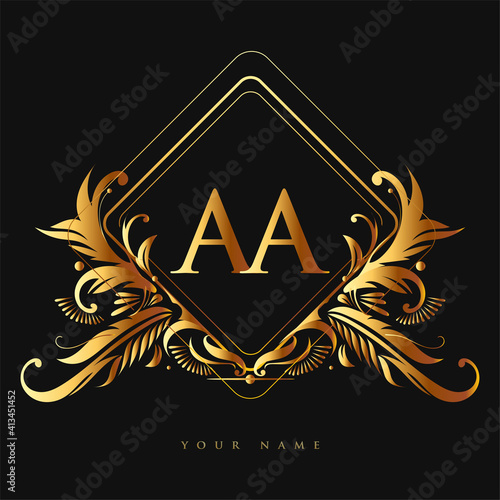 Initial logo letter AA with golden color with ornaments and classic pattern, vector logo for business and company identity.
