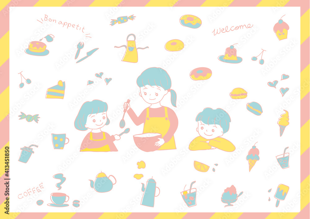 手描き 親子 スイーツイラストセット 手描き 親子 スイーツイラストセット