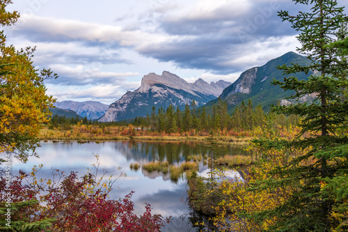 Fototapeta Naklejka Na Ścianę i Meble -  Vermilion Lakes autumn foliage scenery in dusk. Banff National Park, Canadian Rockies, Alberta, Canada. Colorful trees in red, yellow, golden colors. Mount Rundle, Sulphur Mountain in background.