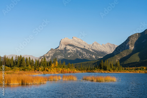 Vermilion Lakes and Mount Rundle autumn foliage scenery in sunset time. Banff National Park, Canadian Rockies, Alberta, Canada. Colorful trees and water plants with yellow, orange, golden colors. 