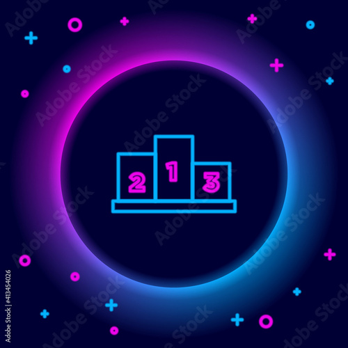 Glowing neon line Award over sports winner podium icon isolated on black background. Colorful outline concept. Vector.