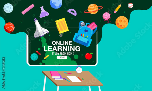 Online Learning, study from home, social distancing, back to school, flat design vector.