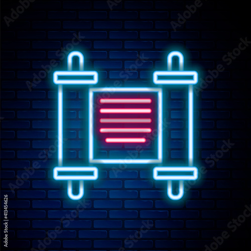 Glowing neon line Decree, paper, parchment, scroll icon icon isolated on brick wall background. Chinese scroll. Colorful outline concept. Vector.