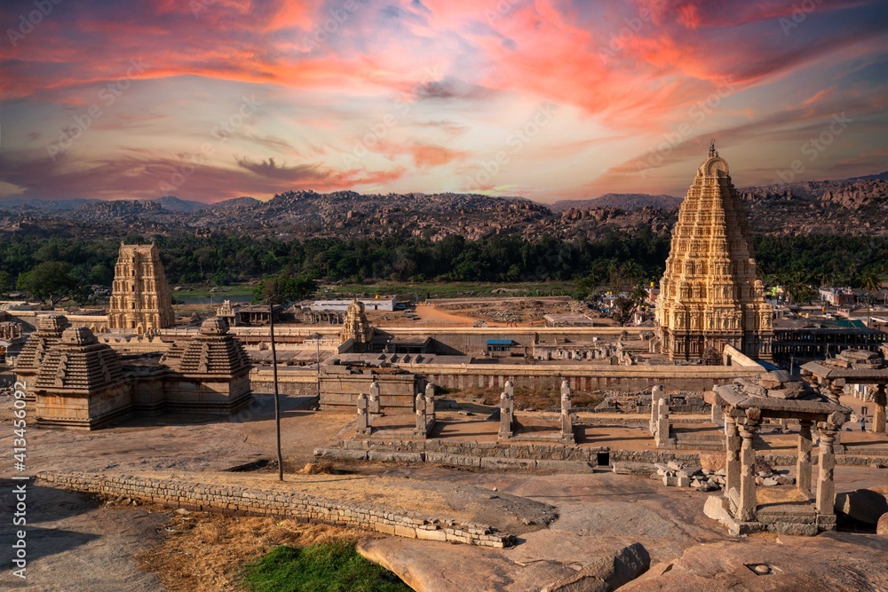 Stunning view at Sree Virupaksha Temple in Hampi on the banks of Tungabhadra River, UNESCO World Heritage Site, Karnataka, India. Indian tourism