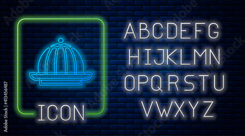 Glowing neon Pudding custard with caramel glaze icon isolated on brick wall background. Neon light alphabet. Vector.