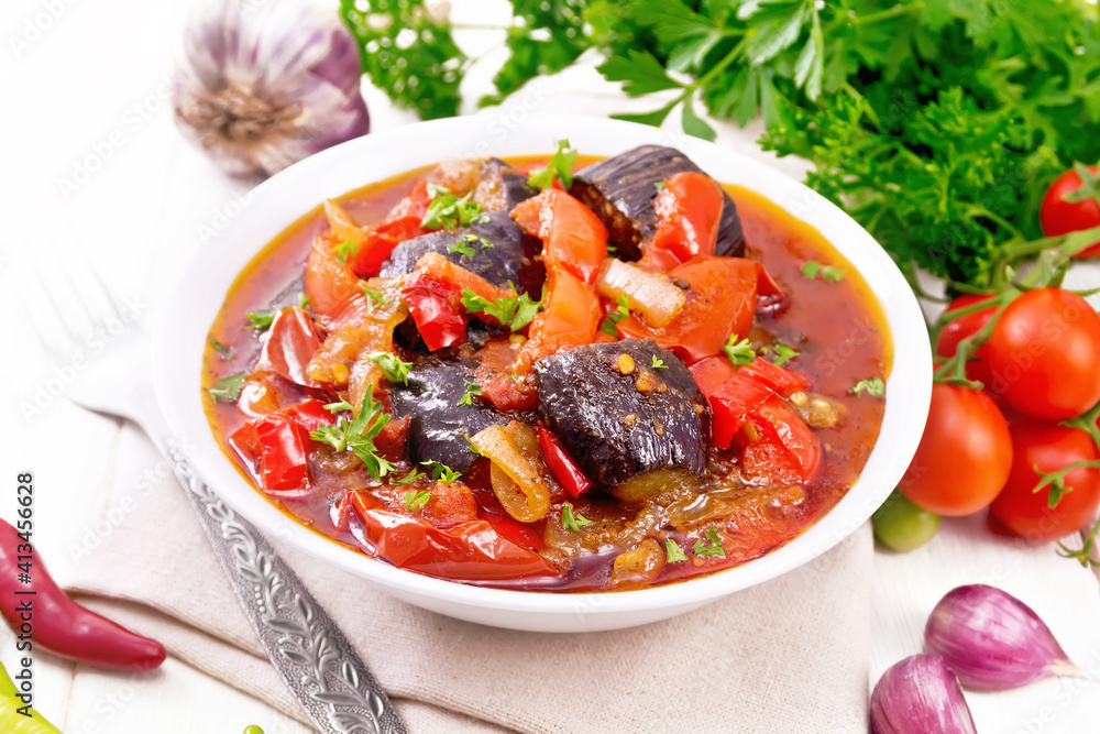 Ragout vegetable with eggplant on light board Ragout vegetable with eggplant on light board