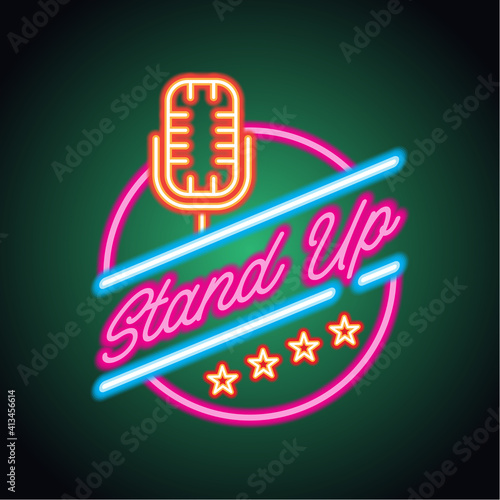 stand up neon sign for stand up comedy advertisement. vector illustration