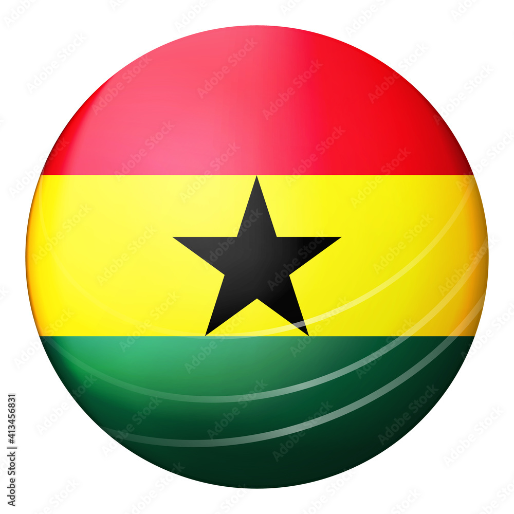 Glass light ball with flag of Ghana. Round sphere, template icon. Ghanaian national symbol. Glossy realistic ball, 3D abstract vector illustration highlighted on a white background. Big bubble. Glass light ball with flag of Ghana. Round sphere, template icon. Ghanaian national symbol. Glossy realistic ball, 3D abstract vector illustration highlighted on a white background. Big bubble.