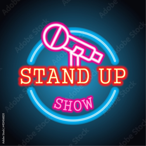 stand up neon sign for stand up comedy advertisement. vector illustration