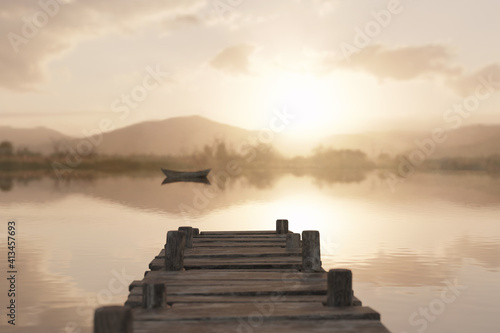 3d rendering of wooden pier on peaceful lake in the evening sunlight © Brilliant Eye