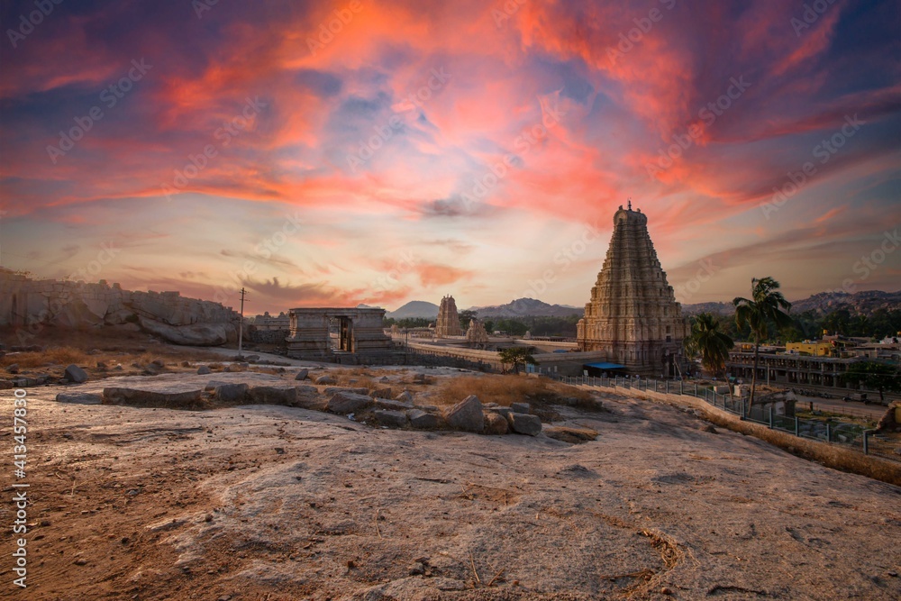 Virupaksha temple located in the ruins of ancient city Vijayanagar at Hampi, Karnataka, India. Indian tourism, lockdown trip