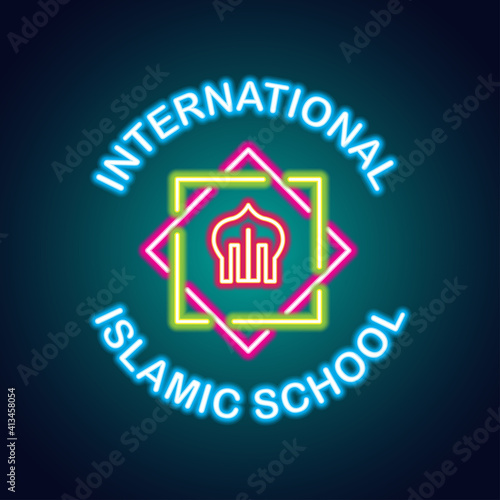 islamic school neon sign plank for islamic international school, islamic private school and boarding school. vector illustration