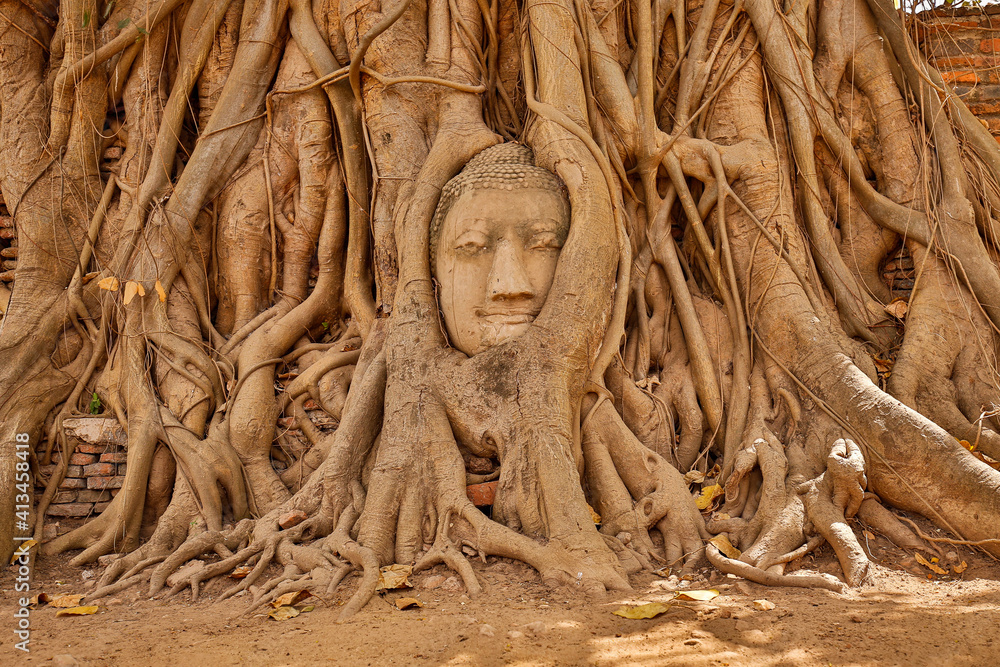 Ayutthaya Buddha Head in Tree Roots, Buddhist temple Wat Mahathat in Thailand