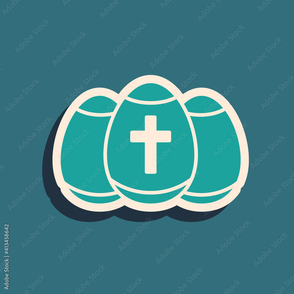 Obraz premium Green Easter egg icon isolated on green background. Happy Easter. Long shadow style. Vector.